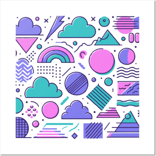 Cyan Pink Purple 80s Retro Geometric Pattern Posters and Art